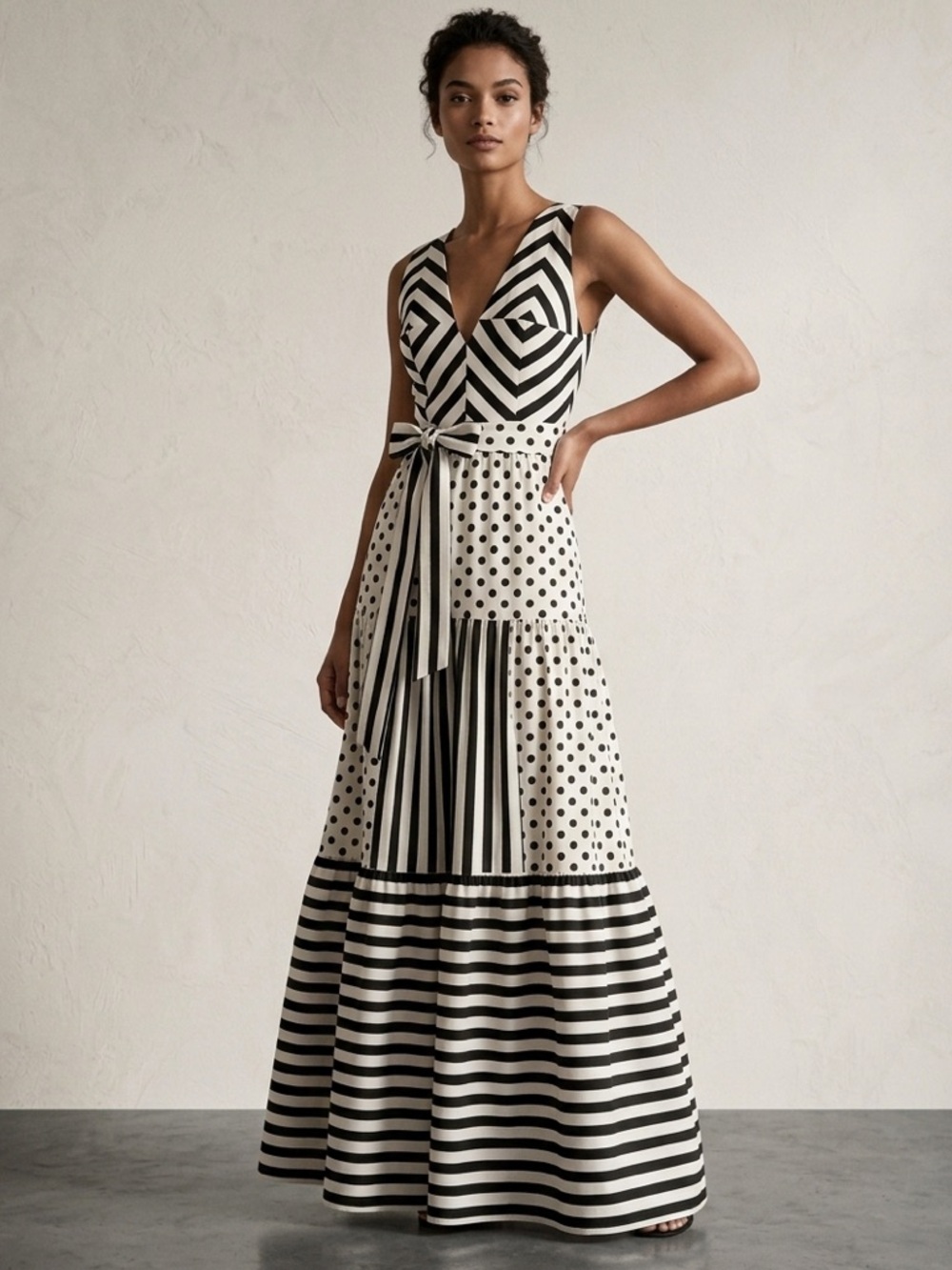 Bagira Tiered Black‎ & White V-Neck Sleeveless Maxi-Dress Size 6 NWT